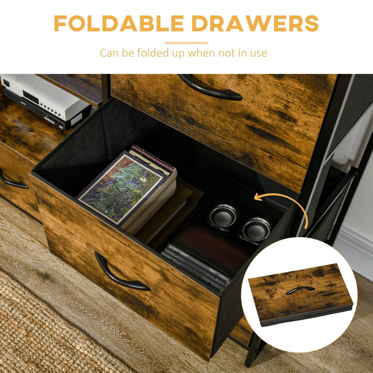 Foldable drawer with rustic brown wood front and black interior for storage.