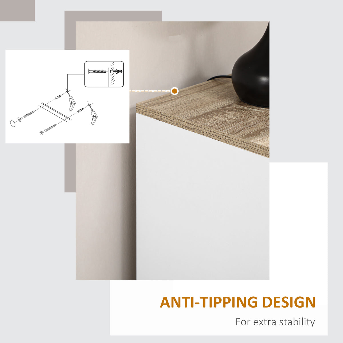 Anti-tipping strap and wall anchor hardware for a white cabinet