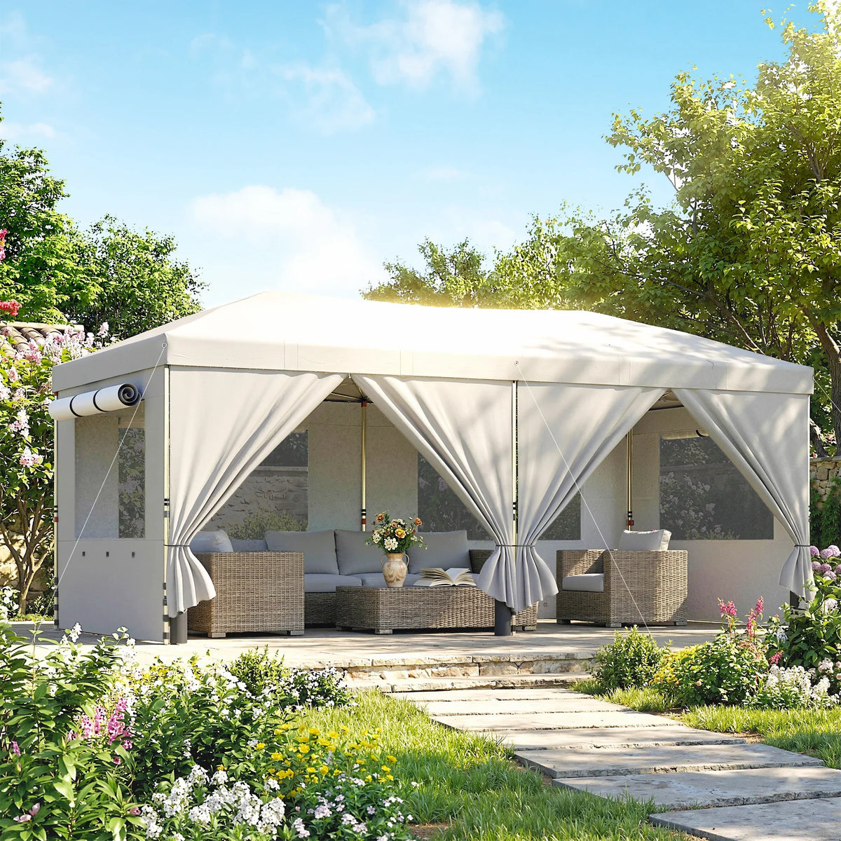 White pop-up canopy gazebo with six zip-on sidewalls and gathered curtains
