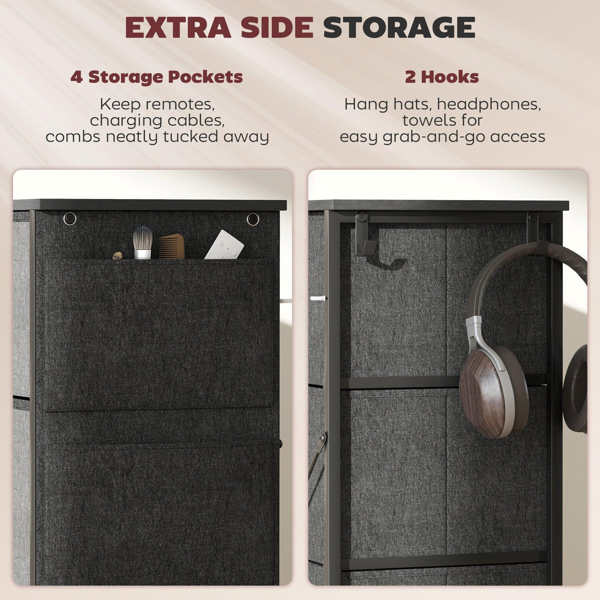 Charcoal grey fabric chest with side storage pockets and two top hooks