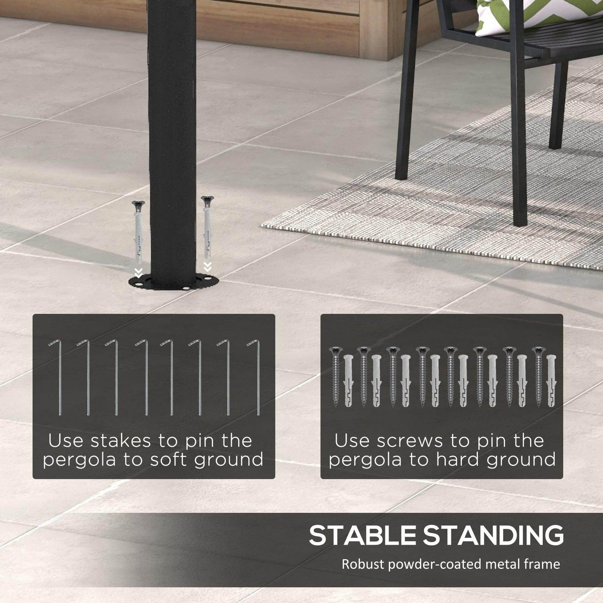 Pergola installation hardware: powder-coated metal frame feet with stakes and screws