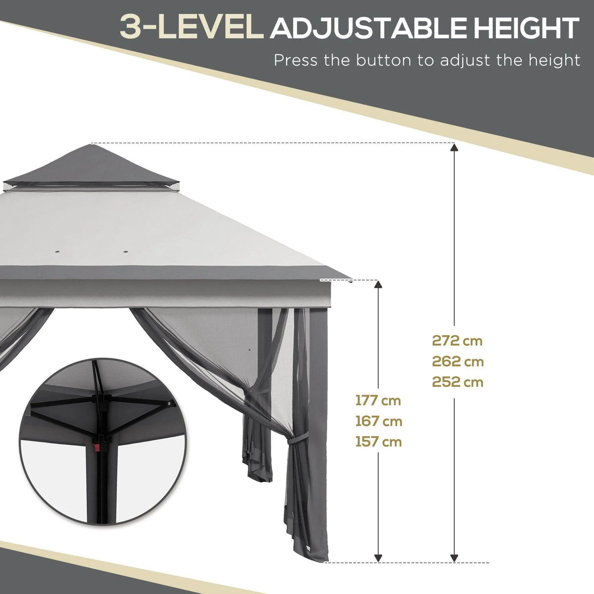 Height-adjustable gazebo with dark side curtains, showing adjustable leg height range