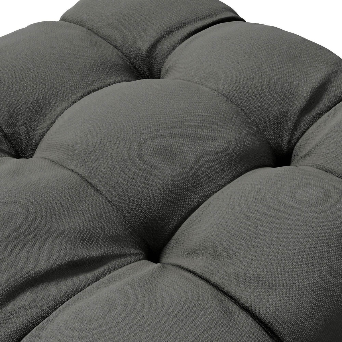 Charcoal grey tufted seat cushion with stitched buttoned seams, plush padded top