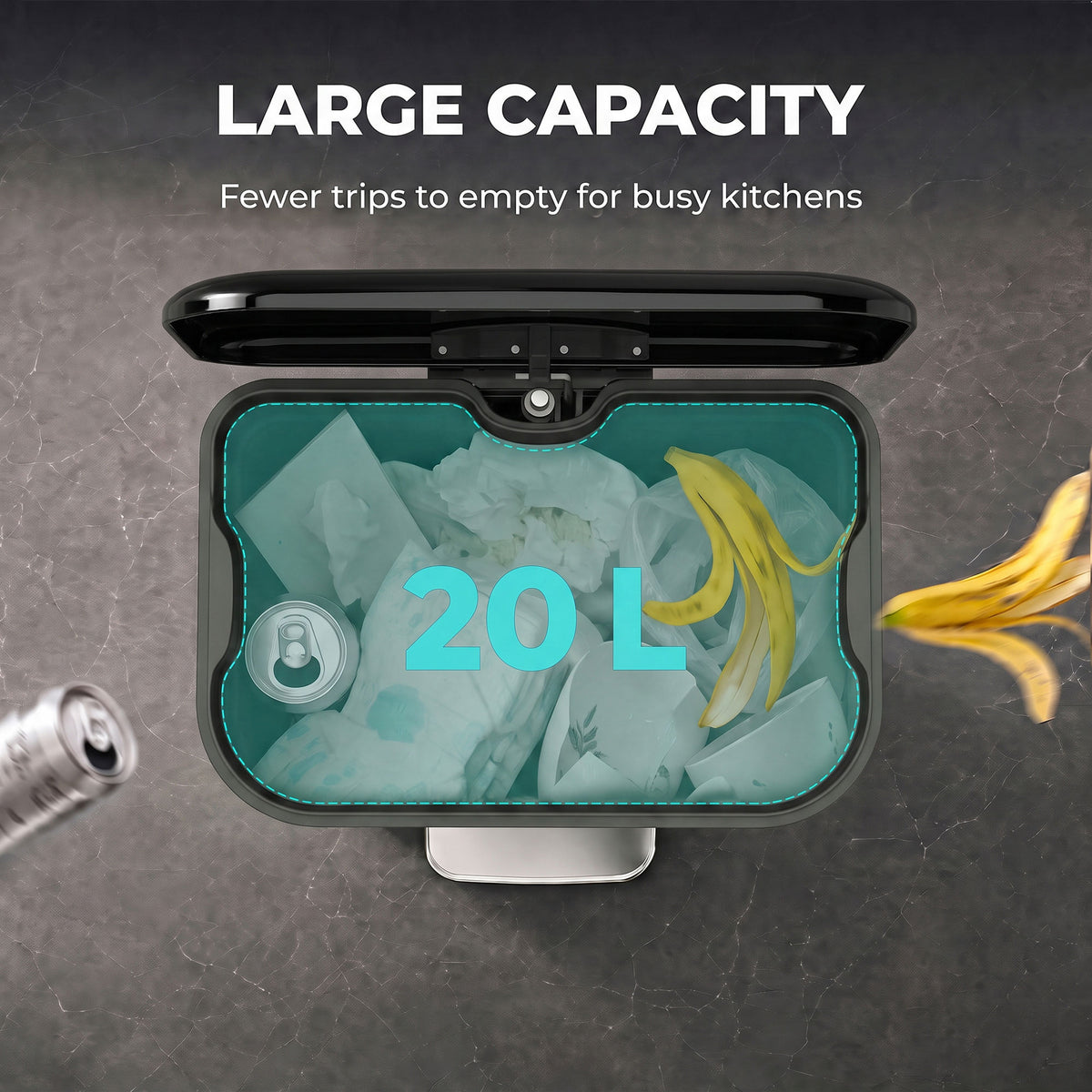 20L kitchen pedal bin with wide opening and lid, dark glossy finish
