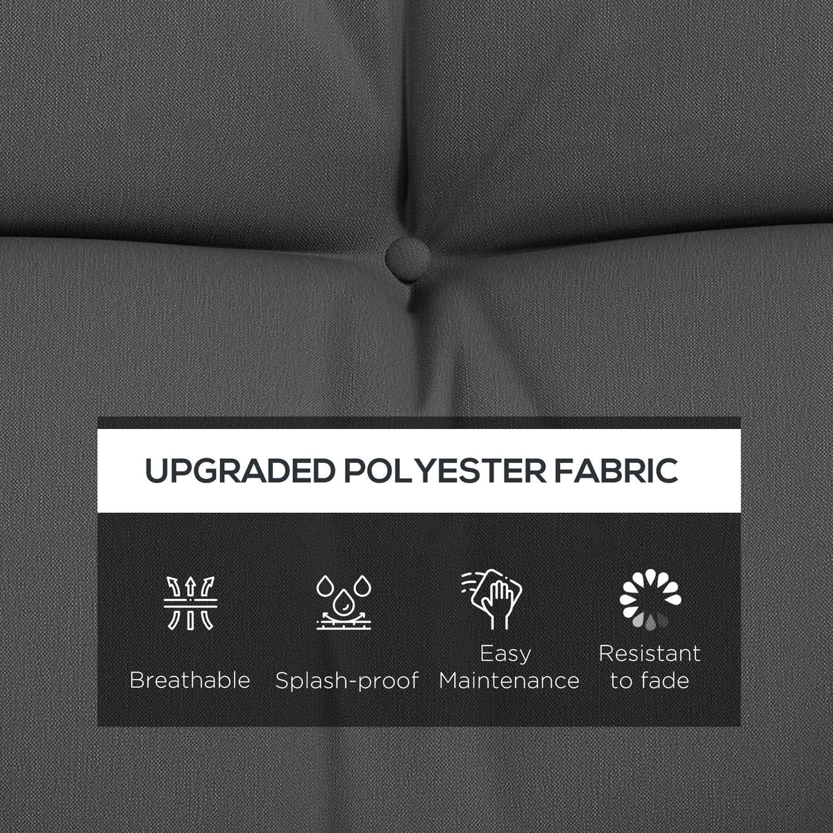 Charcoal grey fabric cushion close-up with upgraded polyester care icons