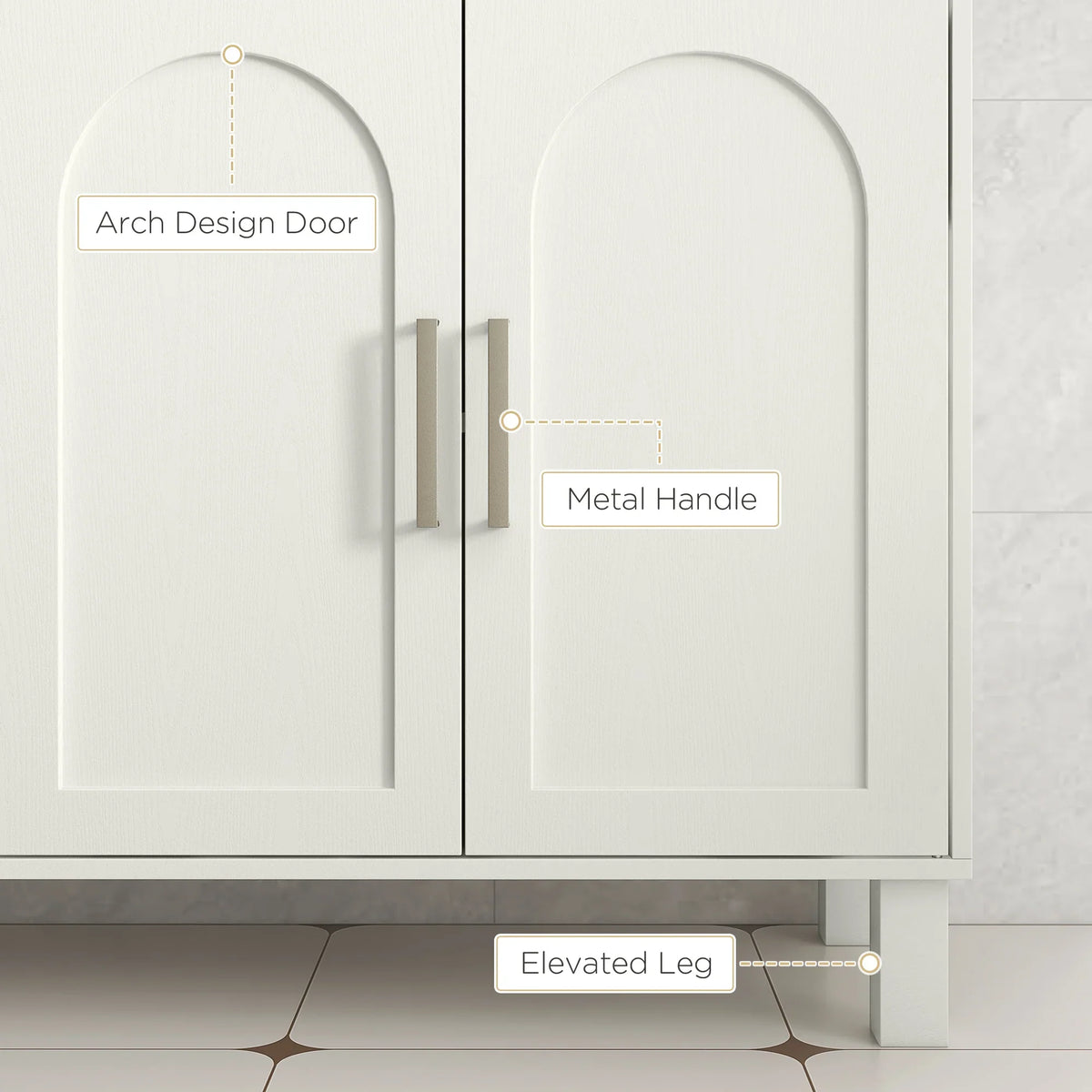 Cream cabinet front view with arched doors, metal handles, and elevated legs