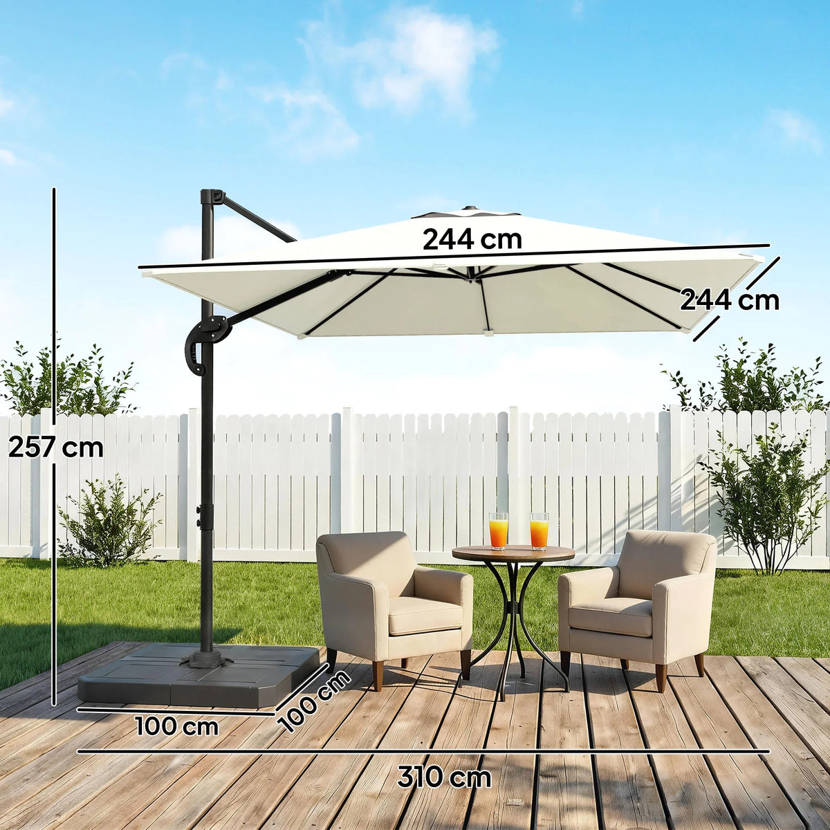 Cream offset outdoor umbrella with black cantilever pole and open canopy over patio set