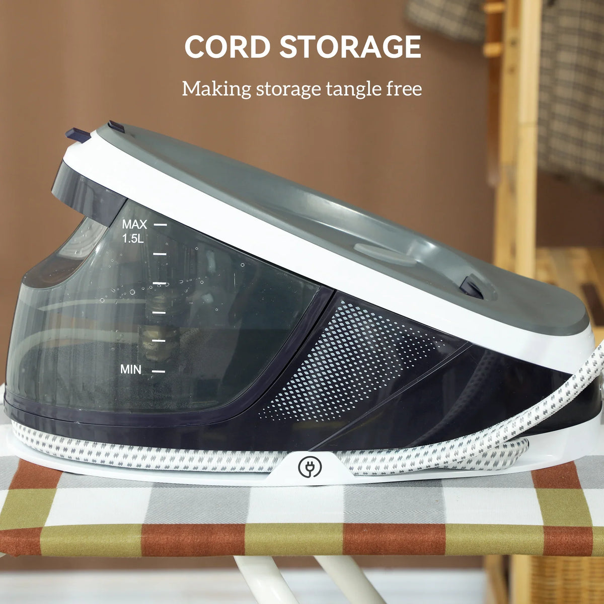 Side view of steam generator iron with cord storage and 1.5L water tank