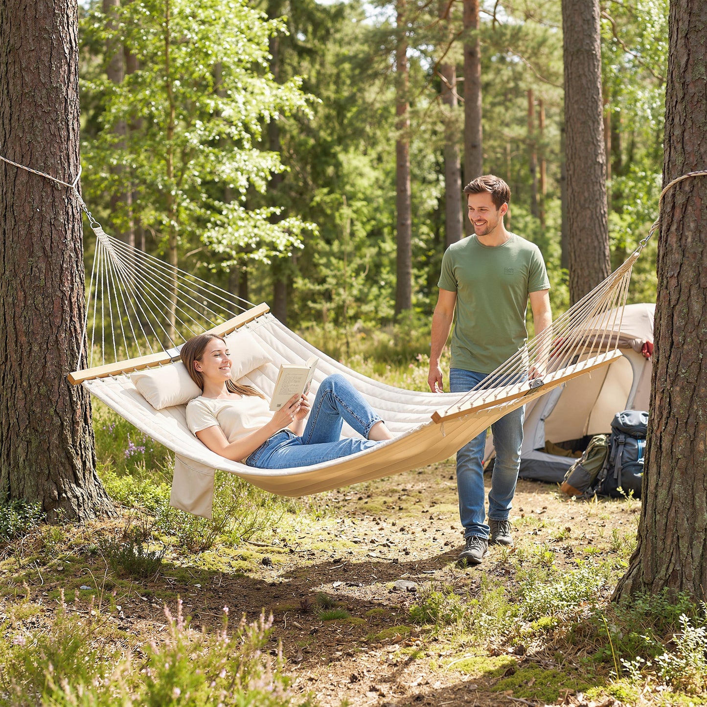 Outsunny Double Hammock With Stand For Two 200x140cm Cream White Cushioned Bed With Spreader Bars Pillows And Pad