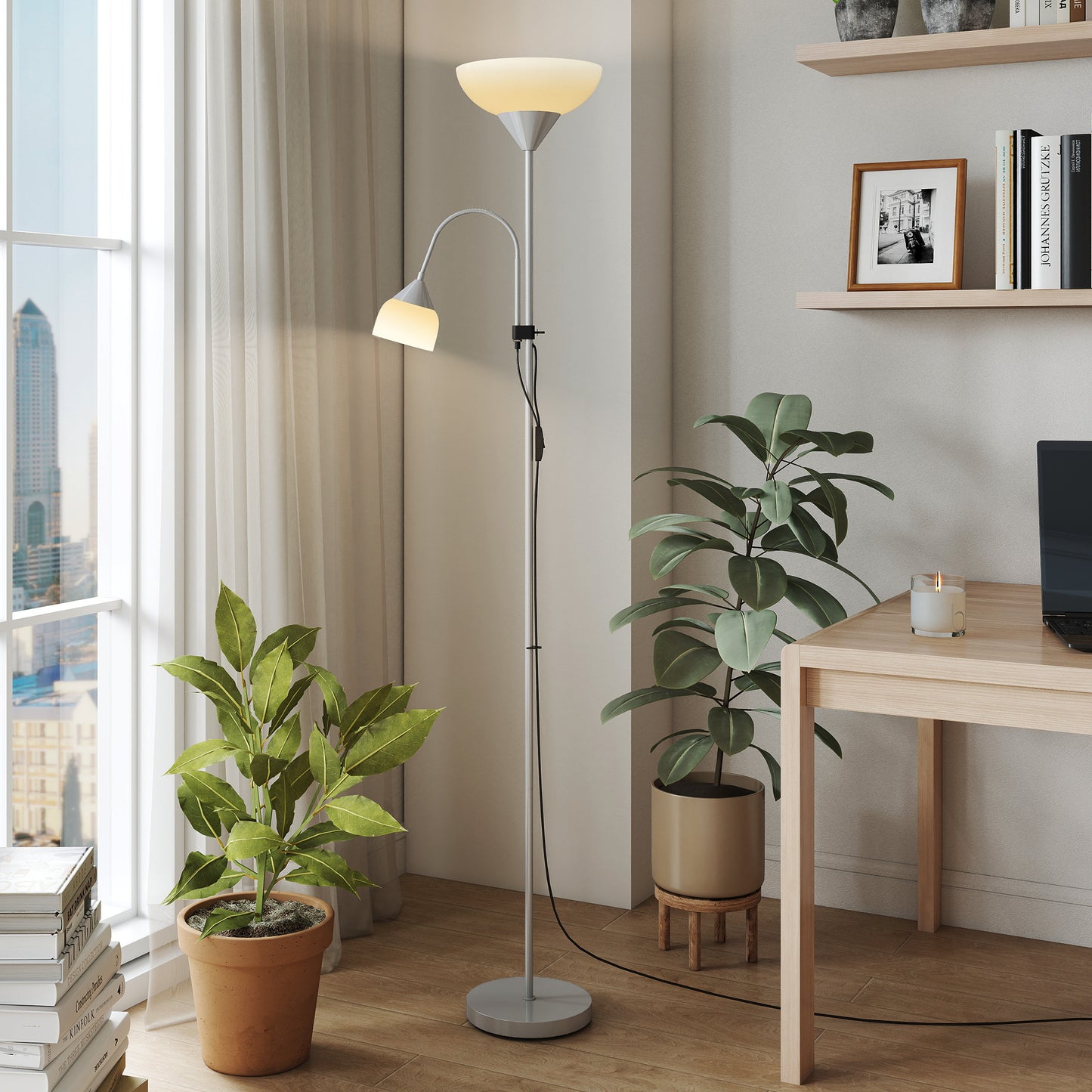 HOMCOM LED Floor Lamp 180cm Living Room Mother And Child Uplighter Adjustable Gooseneck 3000K 4500K 6500K Silver