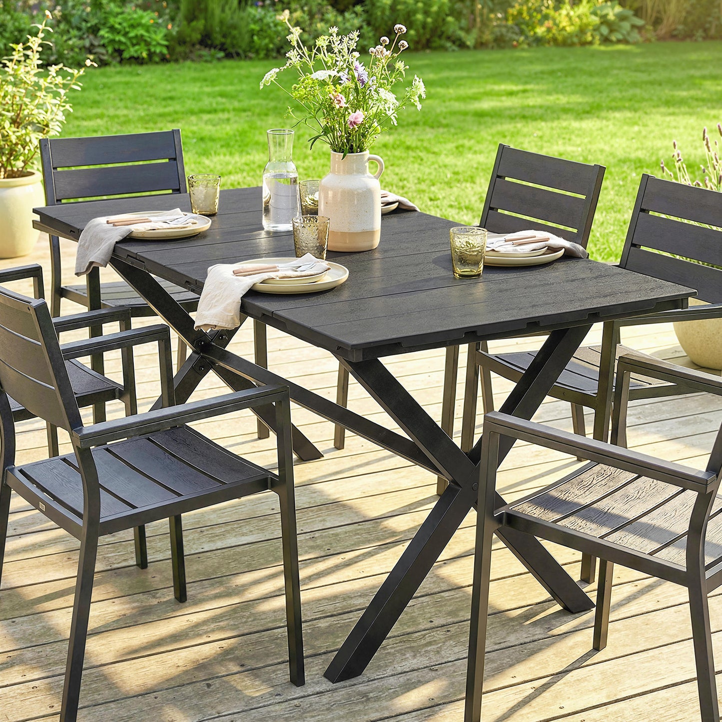 Outsunny Garden Dining Table for 6 with Wood Effect HDPE Top and X Shaped Metal Legs Black