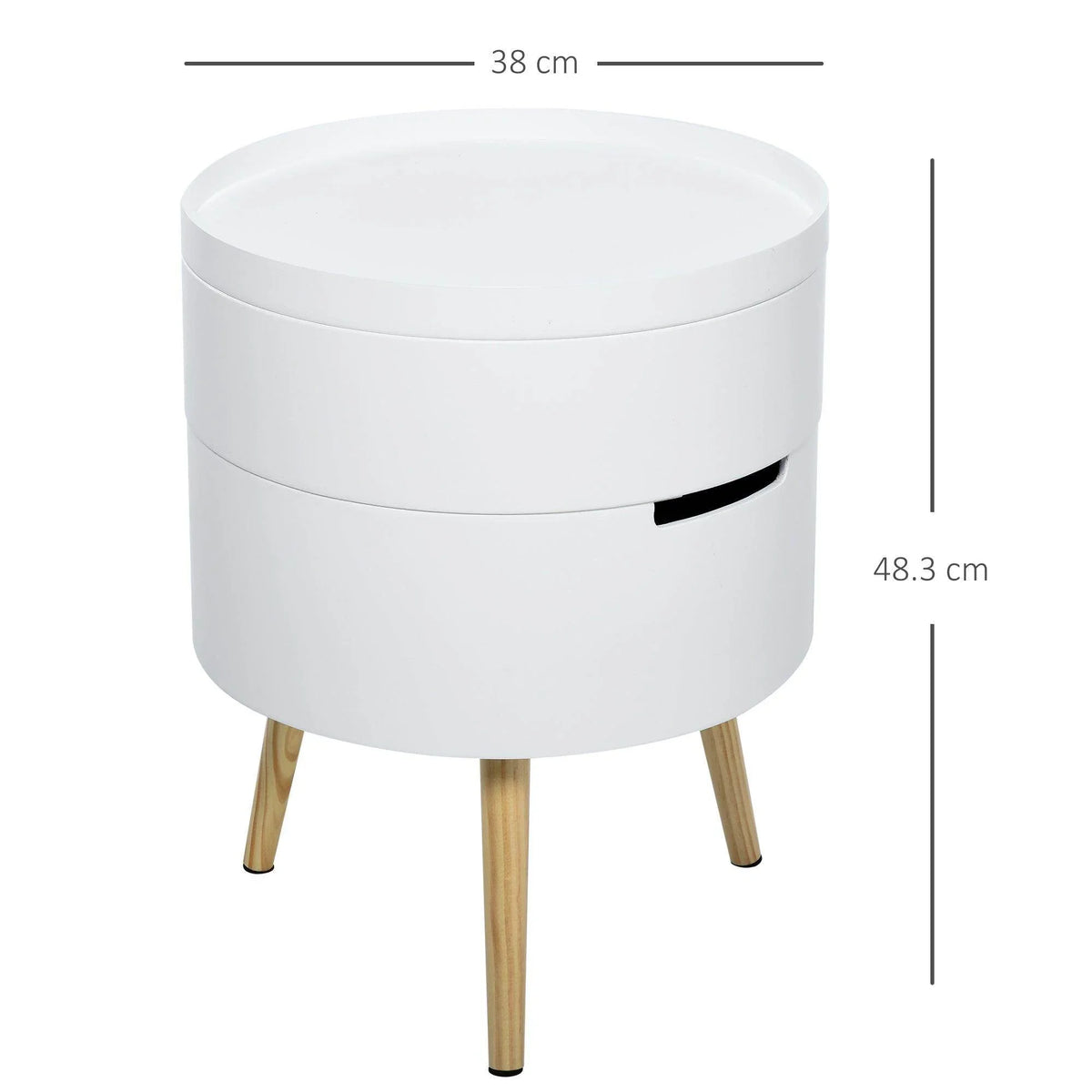 White round side table with lower hidden handle and pull-out opening, 3-tier design