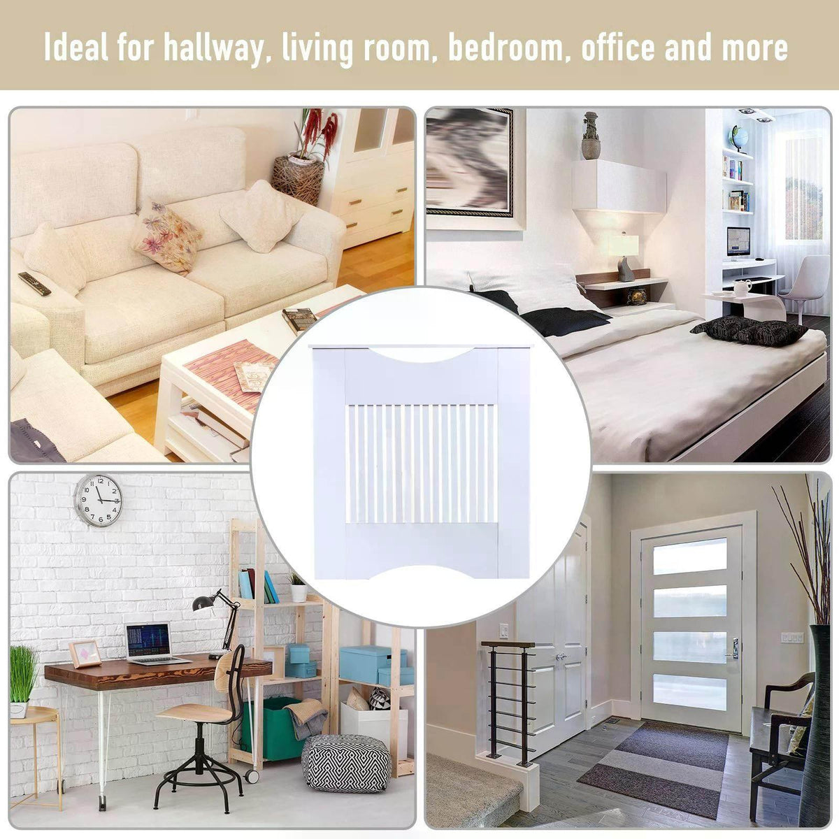 White radiator cover with top shelf holding decor and vertical slatted vent front