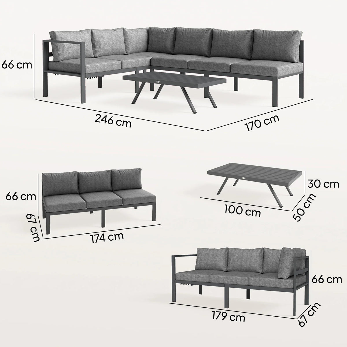Gray modular outdoor corner lounge sofa set with coffee table, shown with size dimensions.