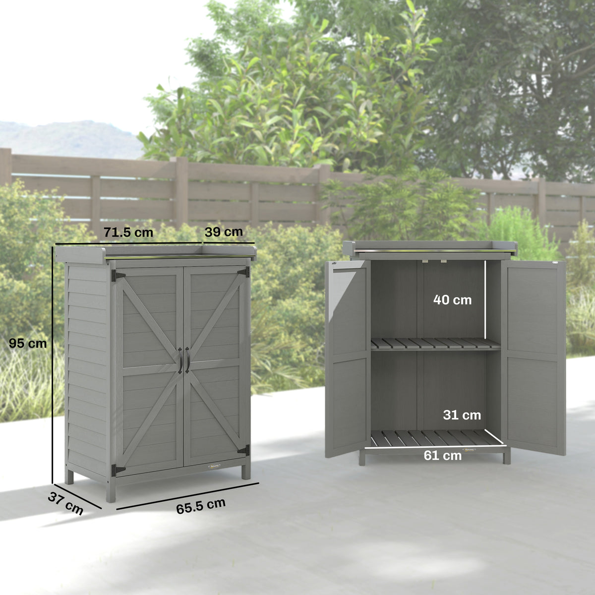 Grey garden storage shed with double doors and front storage openings, outdoor view.