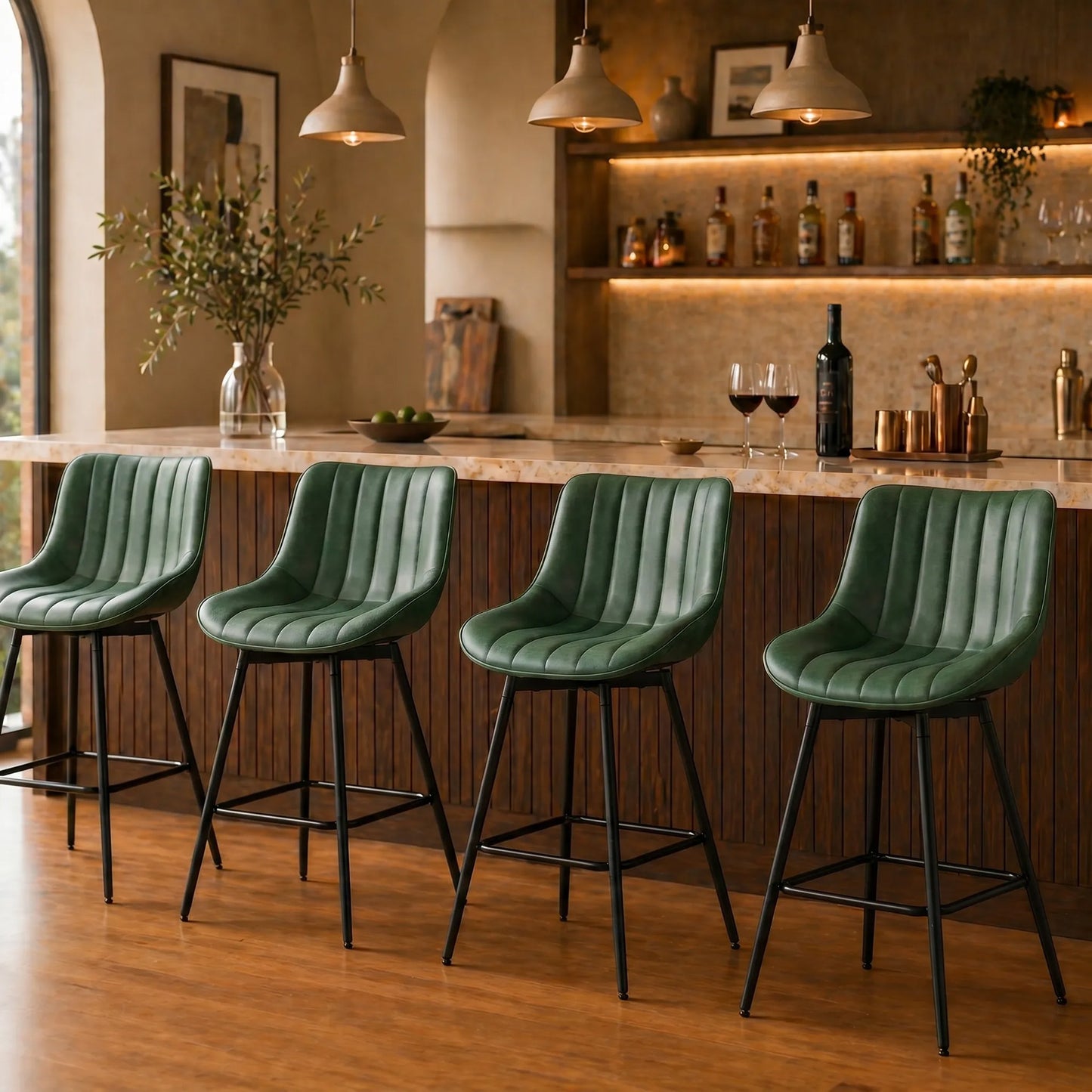 HOMCOM Set Of 2 PU Leather Swivel Bar Stools Dark Green For Kitchen Island With 360 Degree Swivel