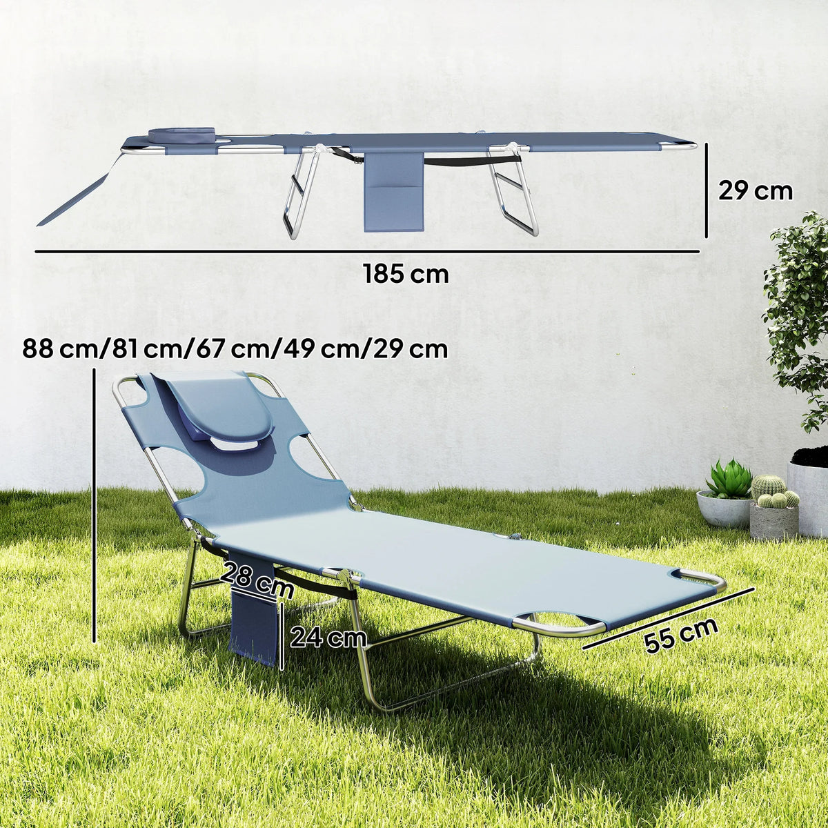 Grey adjustable sun lounger with reading hole, side pocket, and padded headrest, steel frame