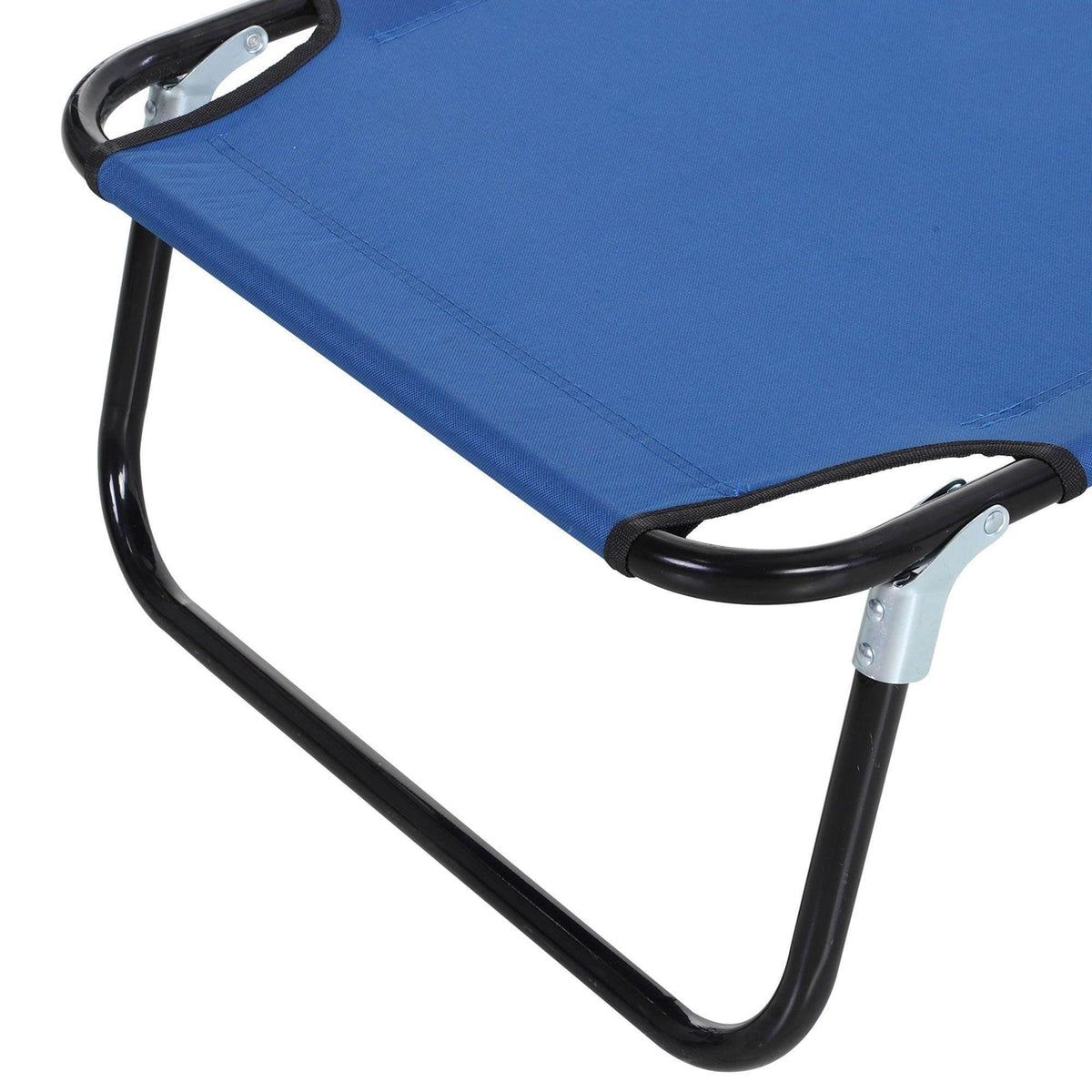 Close-up of blue lounge fabric with black curved frame bars and silver connectors