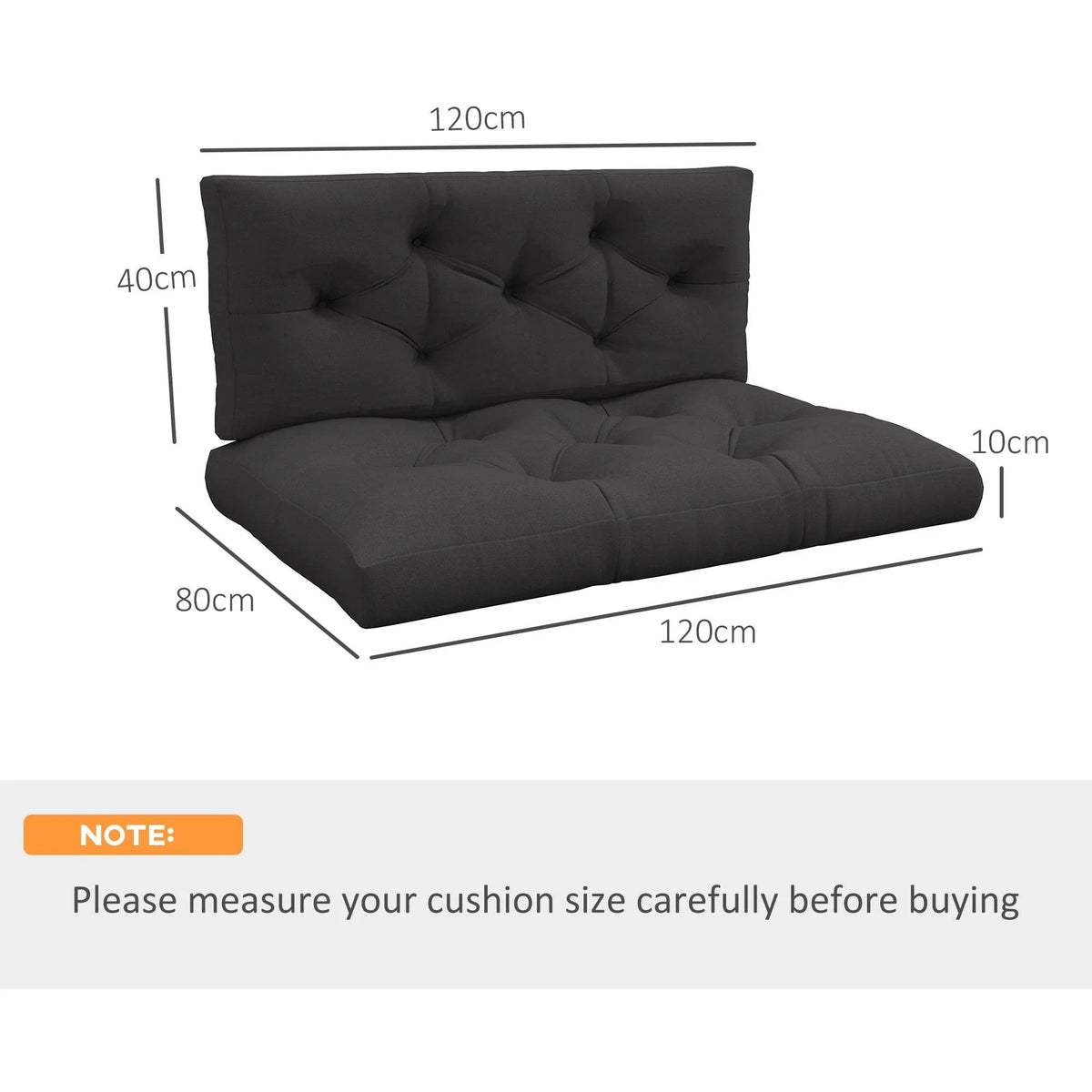 Charcoal grey 4-piece outdoor pallet cushion set with tufted back and seat, 120x80 cm