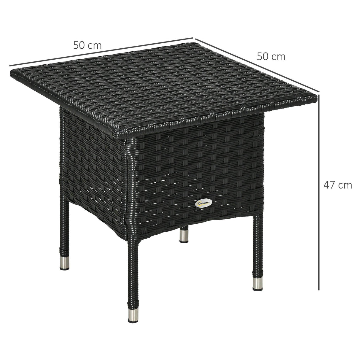 Black rattan-style side table with woven top, drawer, and four metal legs