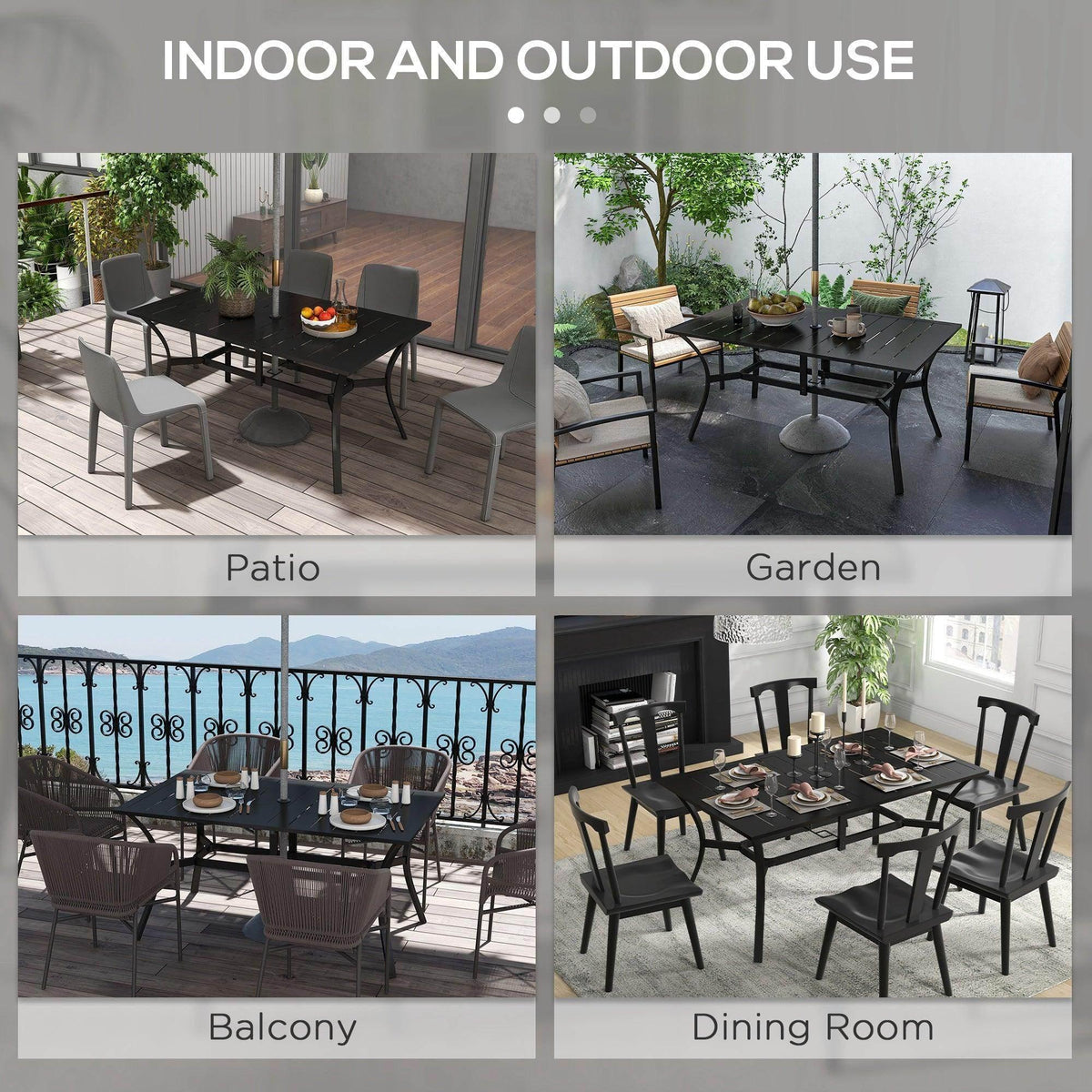 Black rectangular outdoor dining table with slat tabletop and umbrella hole