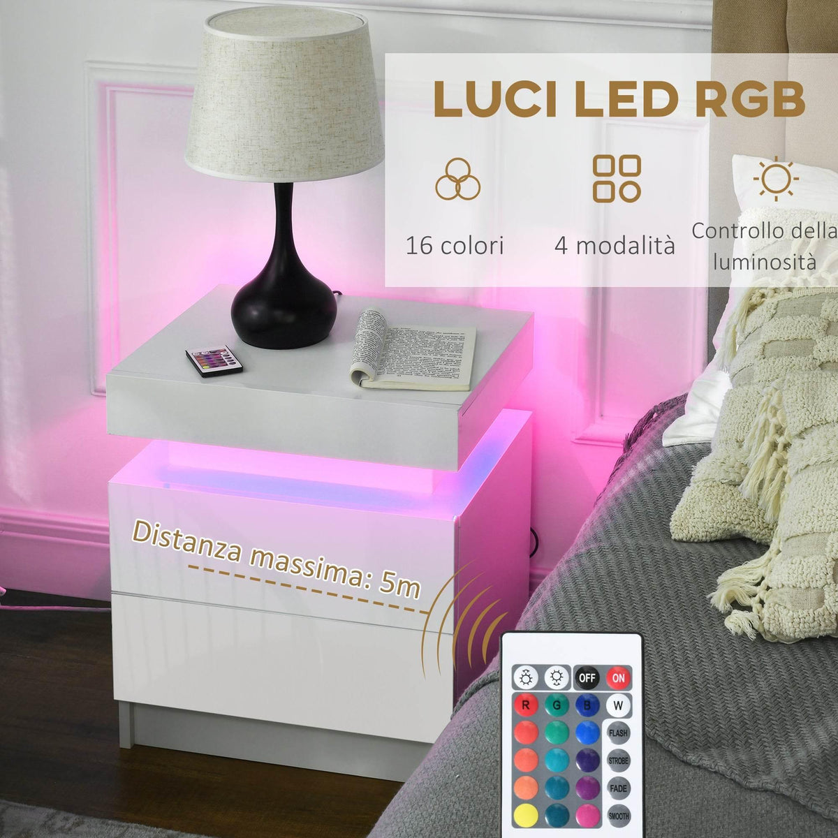White LED-lit bedside table with RGB light glow and dual drawers, remote control nearby