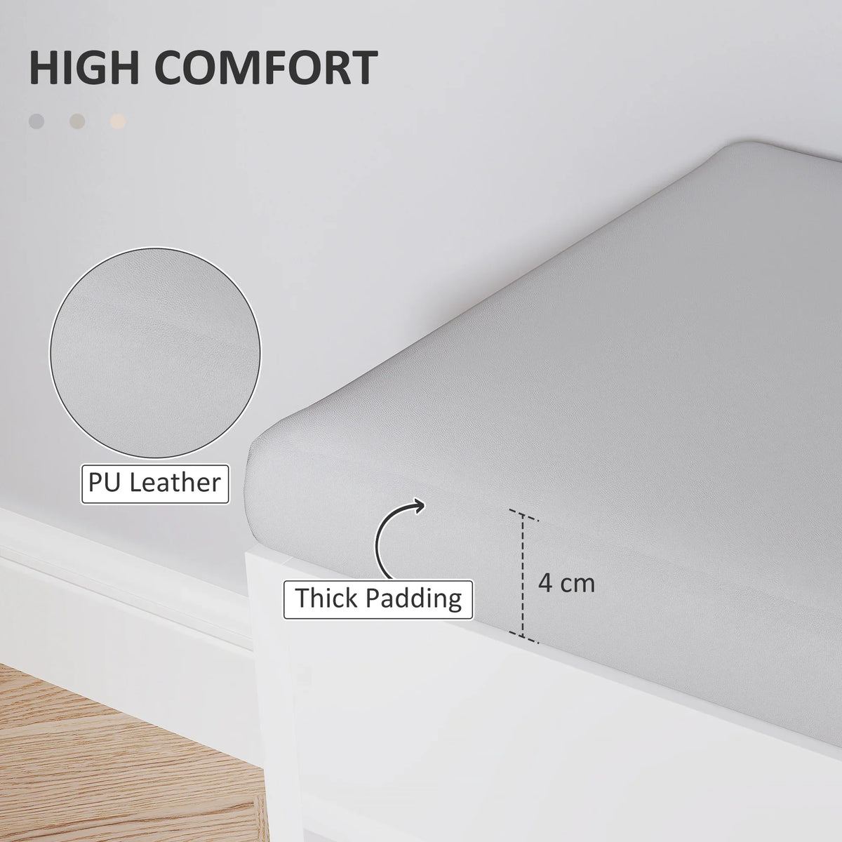 PU leather padded seat on a cream shoes cabinet bench with thick cushioning