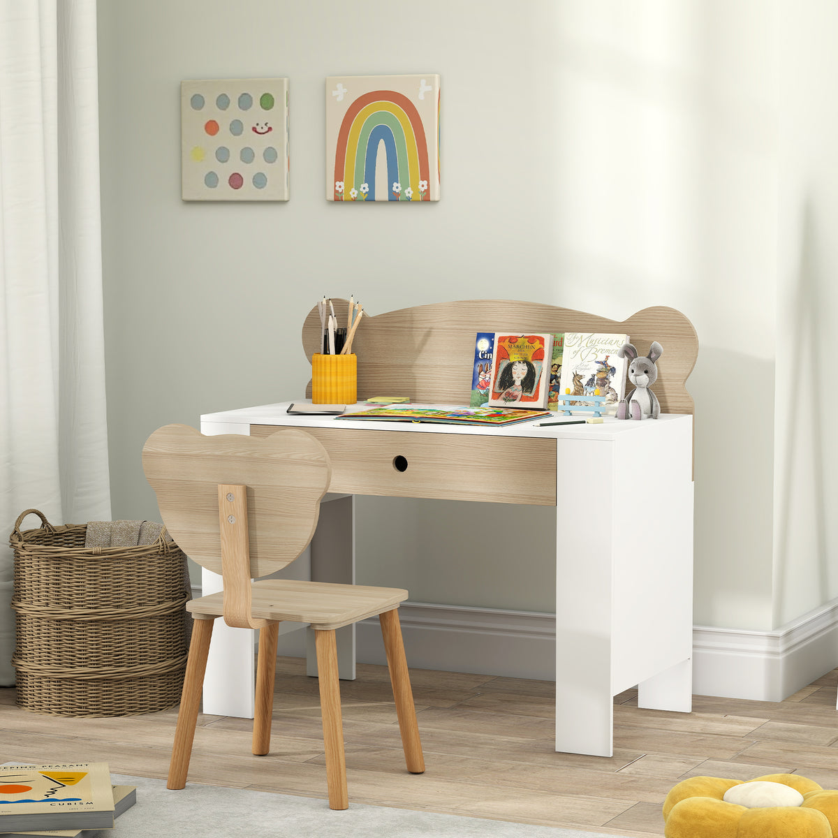 AIYAPLAY Kids Desk and Chair Set with Drawer Bear Theme for Drawing and Reading