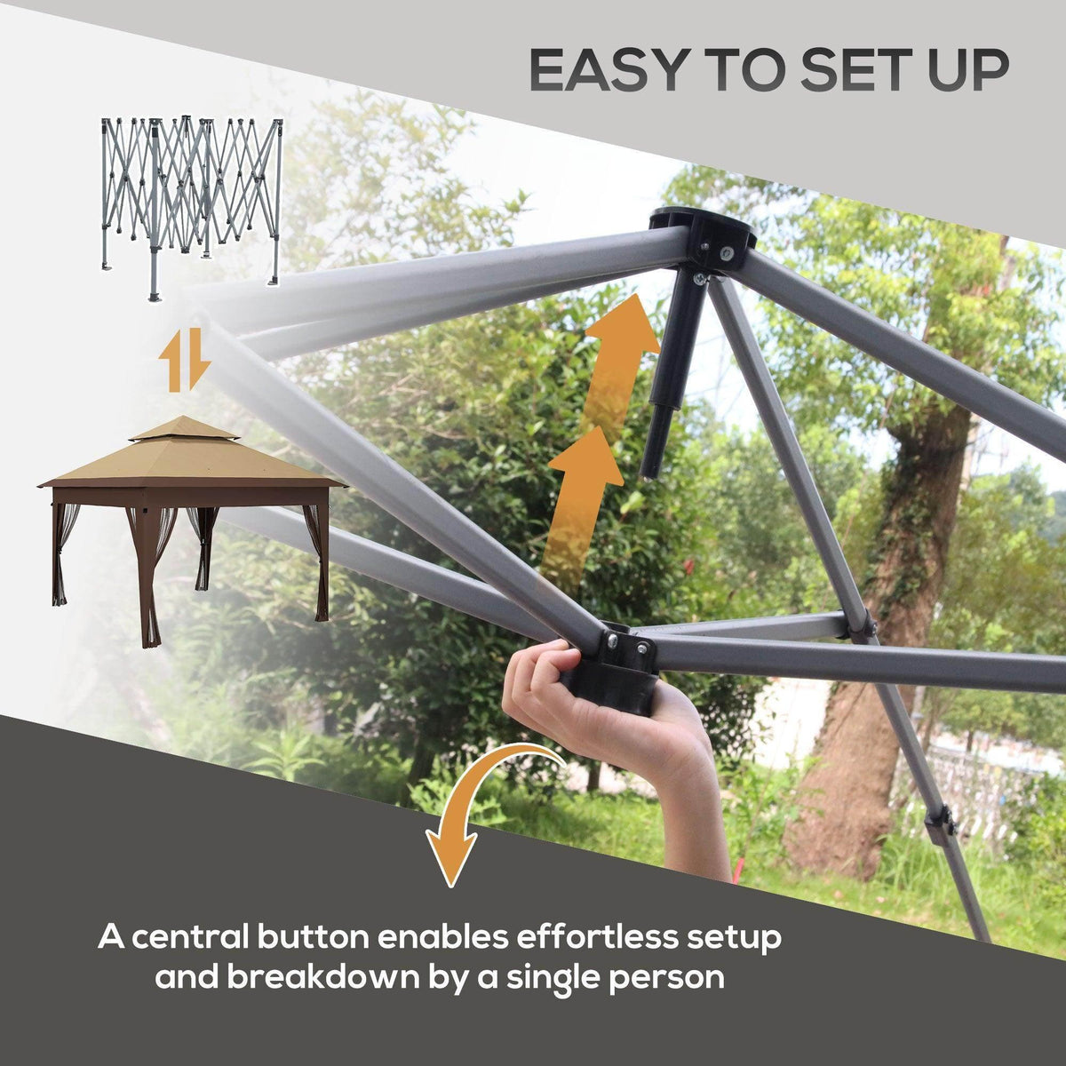 Khaki pop-up gazebo frame with central push-button for quick one-person setup