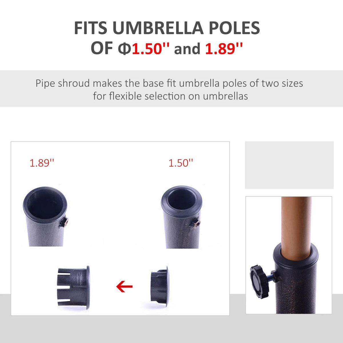 Resin umbrella base showing adjustable fit with clamp and screw on the pole