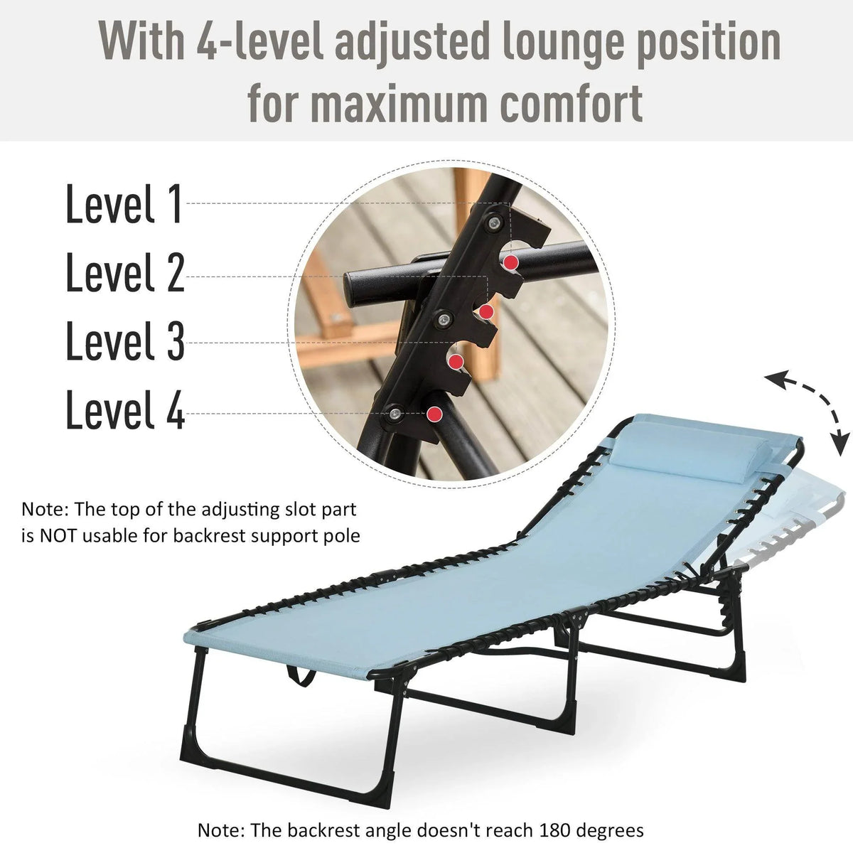 Light blue 4-position adjustable folding sun lounger with black steel base