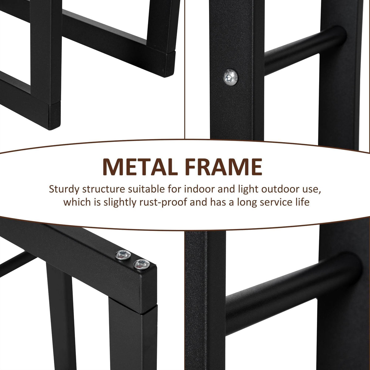 Black metal firewood rack frame with riveted joints and sturdy support bars