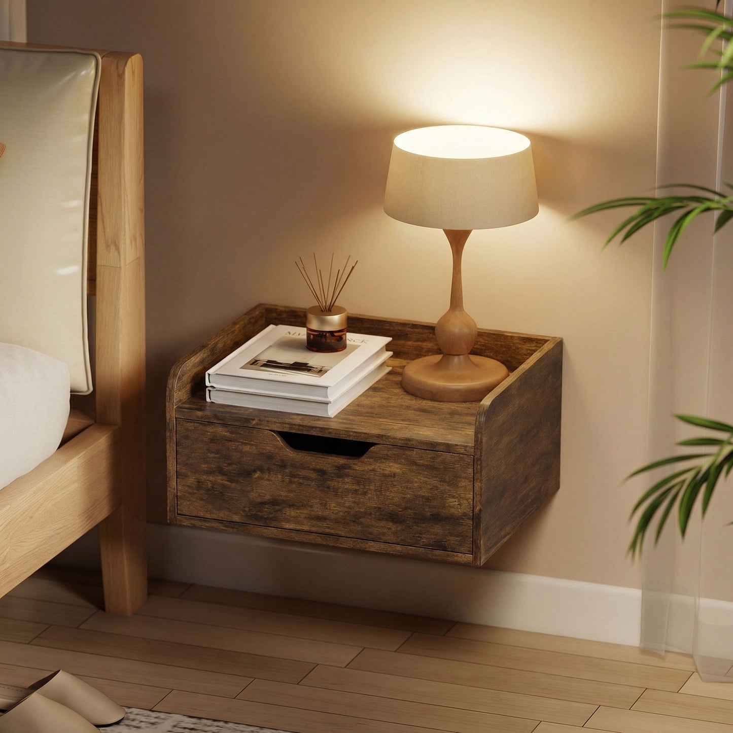 HOMCOM Floating Nightstands Set of 2 Wall Mounted Bedside Tables with Drawers Rustic Brown