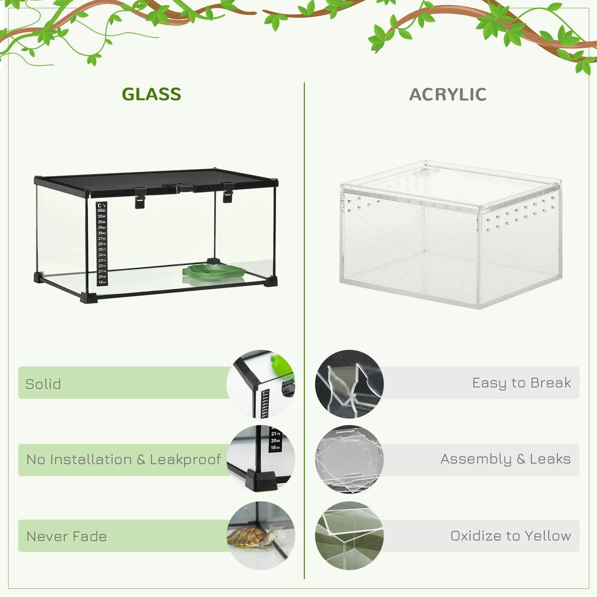 Black glass terrarium with side thermometer scale and vented top frame, size comparison