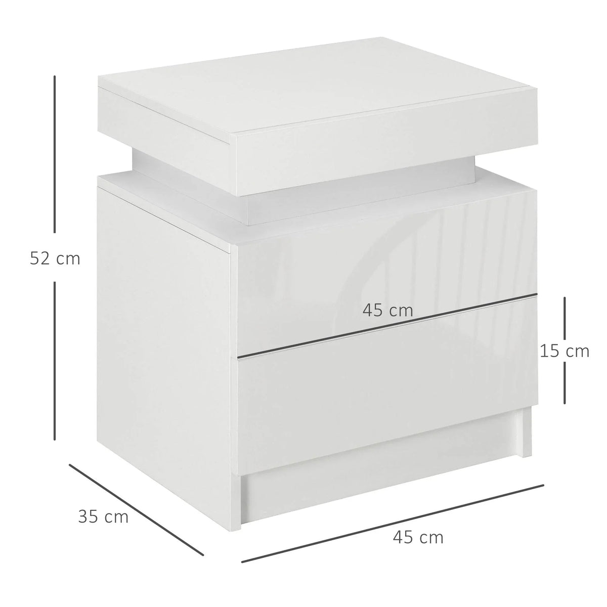 White high-gloss nightstand with dual drawers and flat tabletop, clean modern design