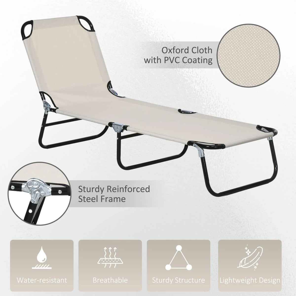 Cream reclining sun lounger with Oxford cloth and PVC coating, black reinforced steel frame