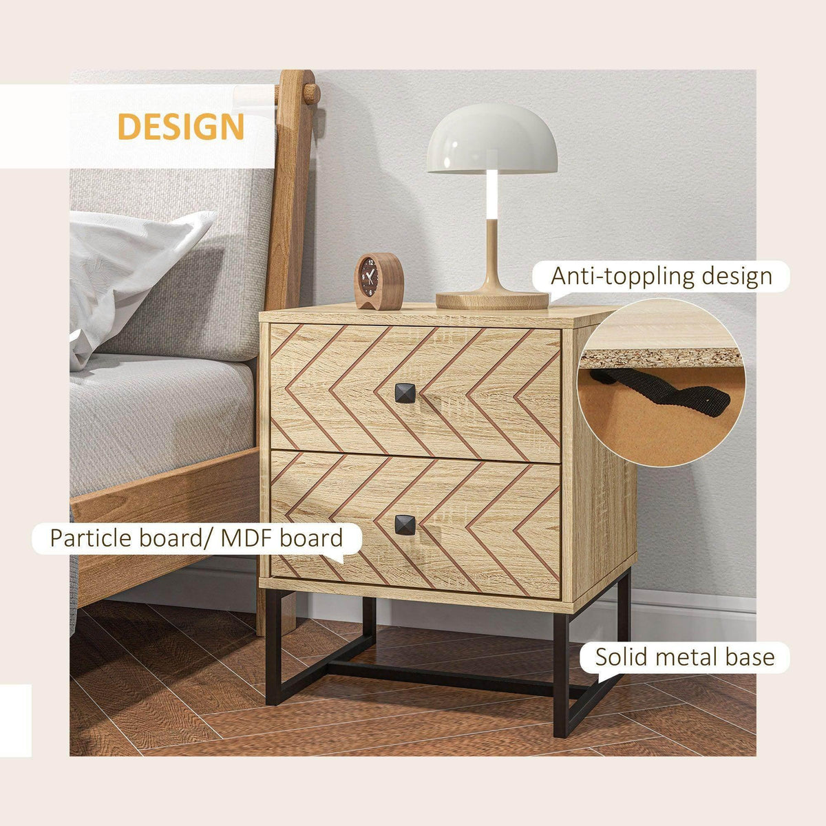 Wood nightstand with 2 drawers, geometric fronts, black metal base
