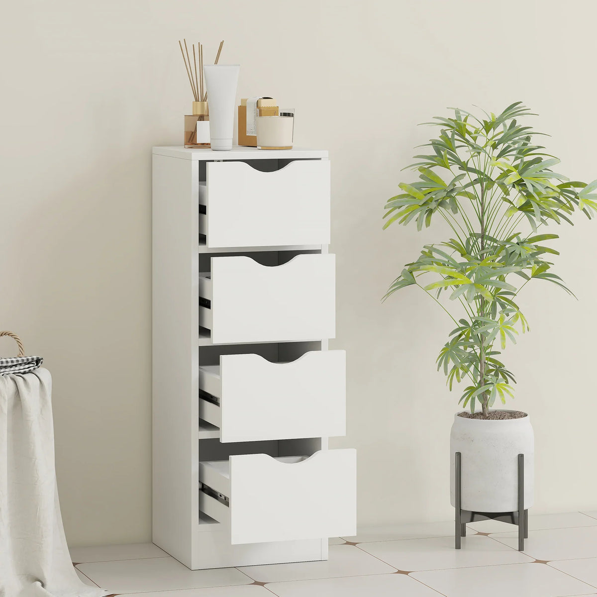 White narrow cabinet with four drawers featuring curved groove handles