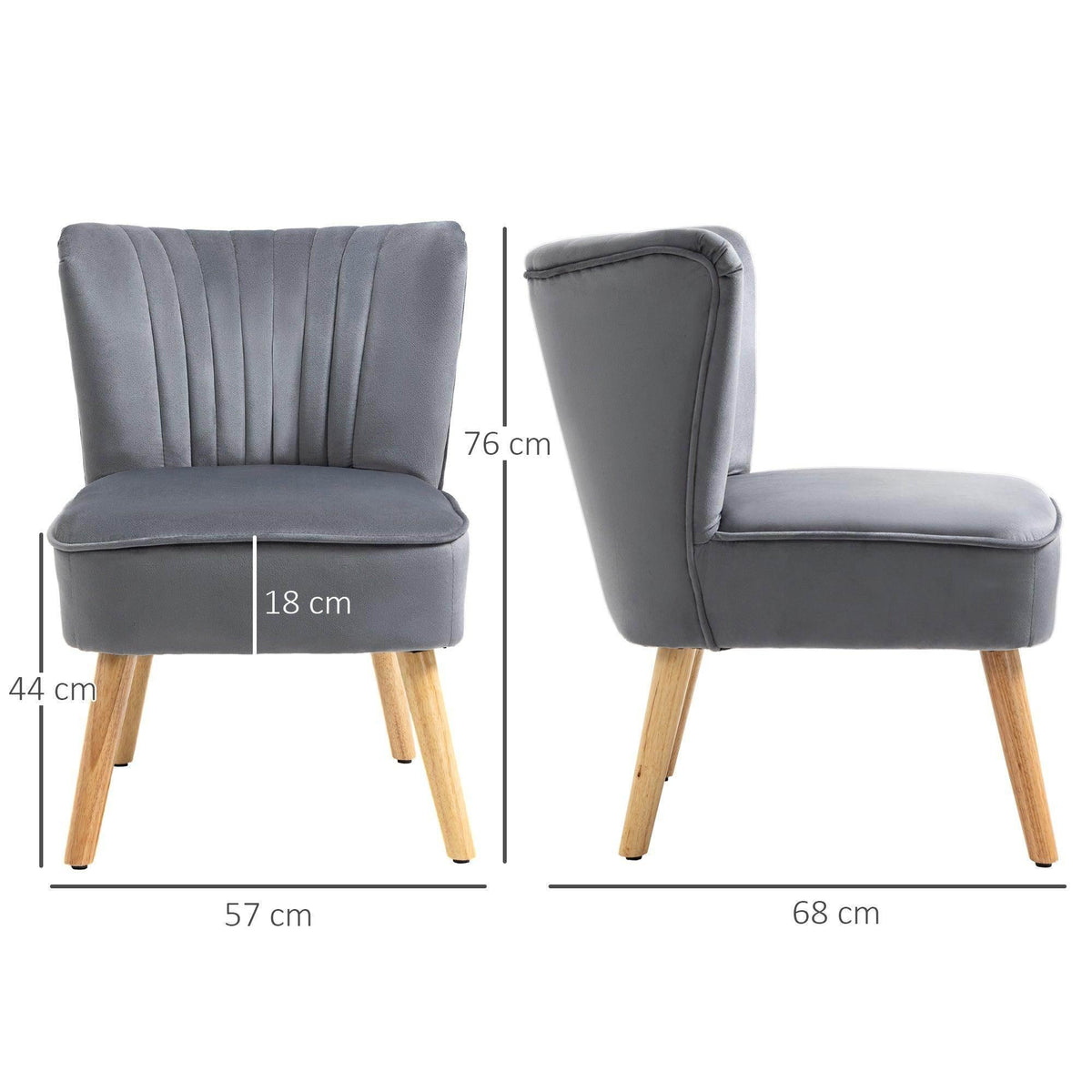Grey velvet tub chair, side view with channel-tufted backrest and wooden legs