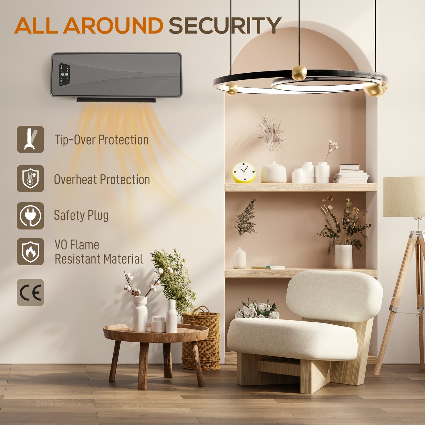 Homcom 2000W Ceramic Electric Heater With Fan Adjustable Thermostat Wall Mounted Grey