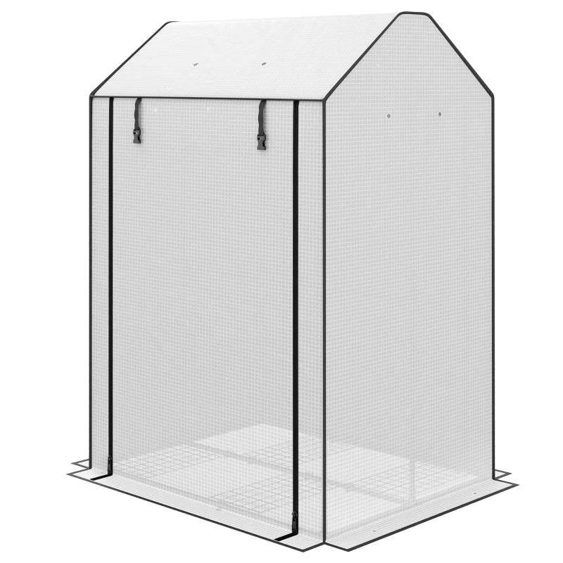 White portable mini greenhouse with open front panel and mesh walls on a metal base frame