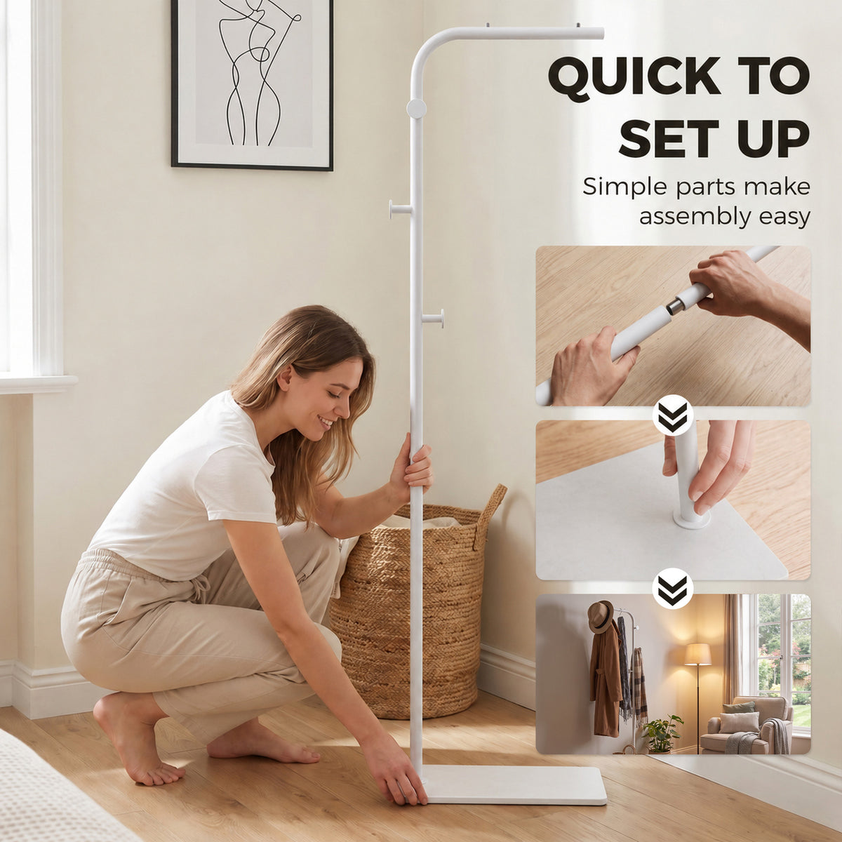 HOMCOM Garment Rack With Three Side Hooks And White Marble Base