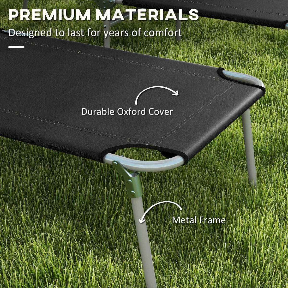 Black Oxford cover and gray metal frame on foldable sun lounger