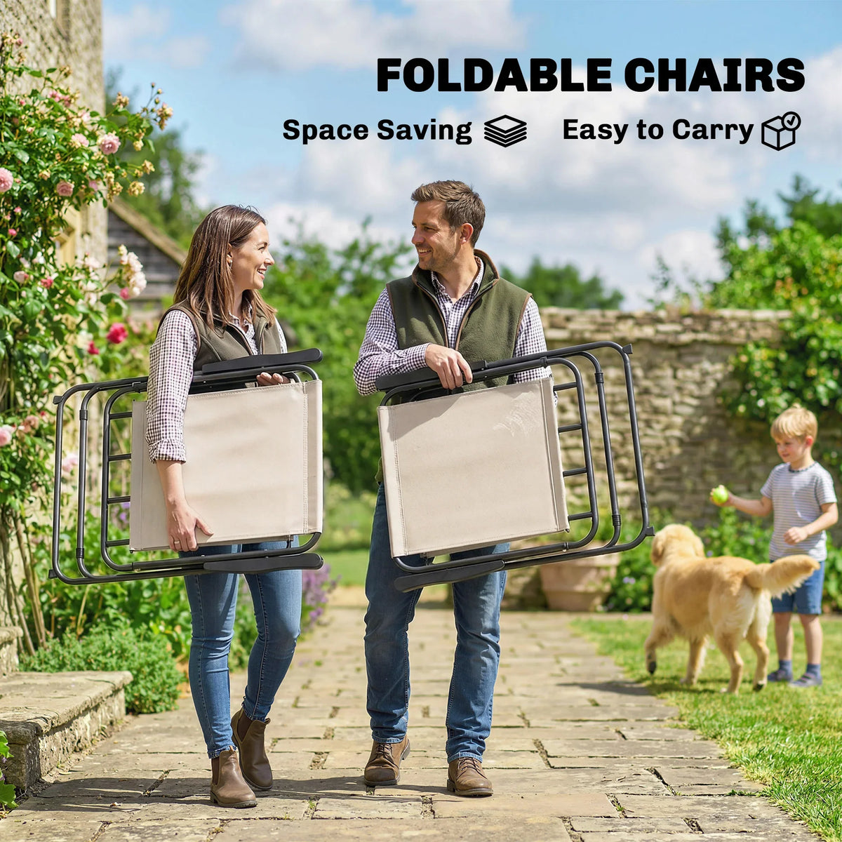 Cream folding patio chairs with black steel frames, easy to carry