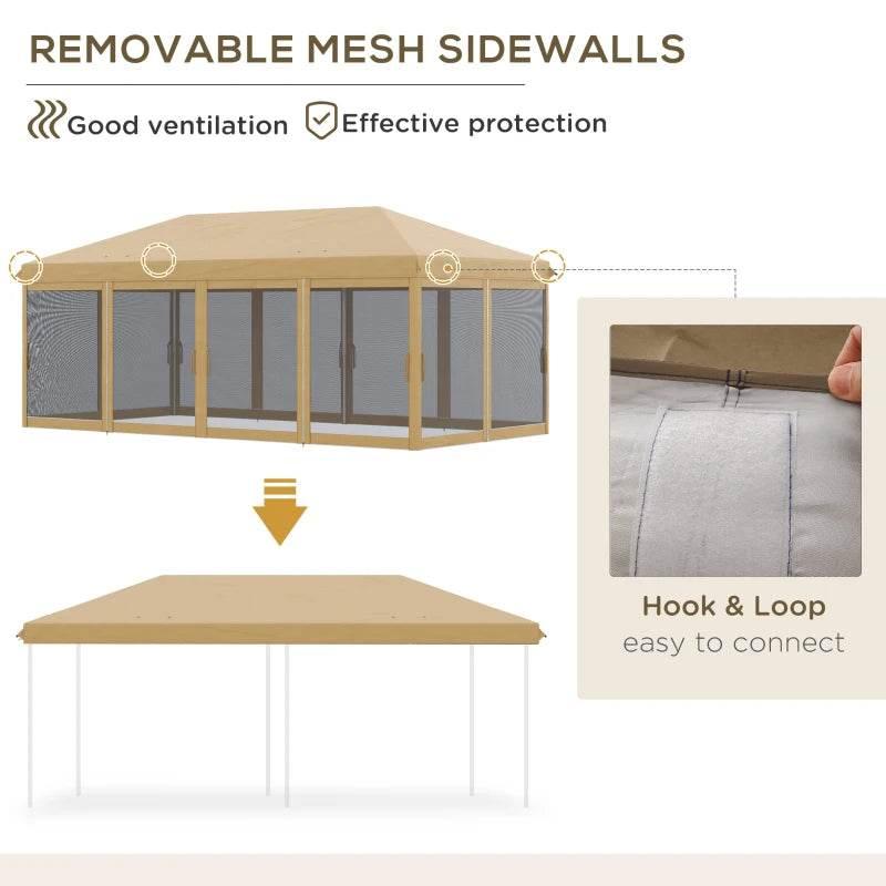 Beige pop-up gazebo canopy with removable gray mesh sidewalls and hook-and-loop connections