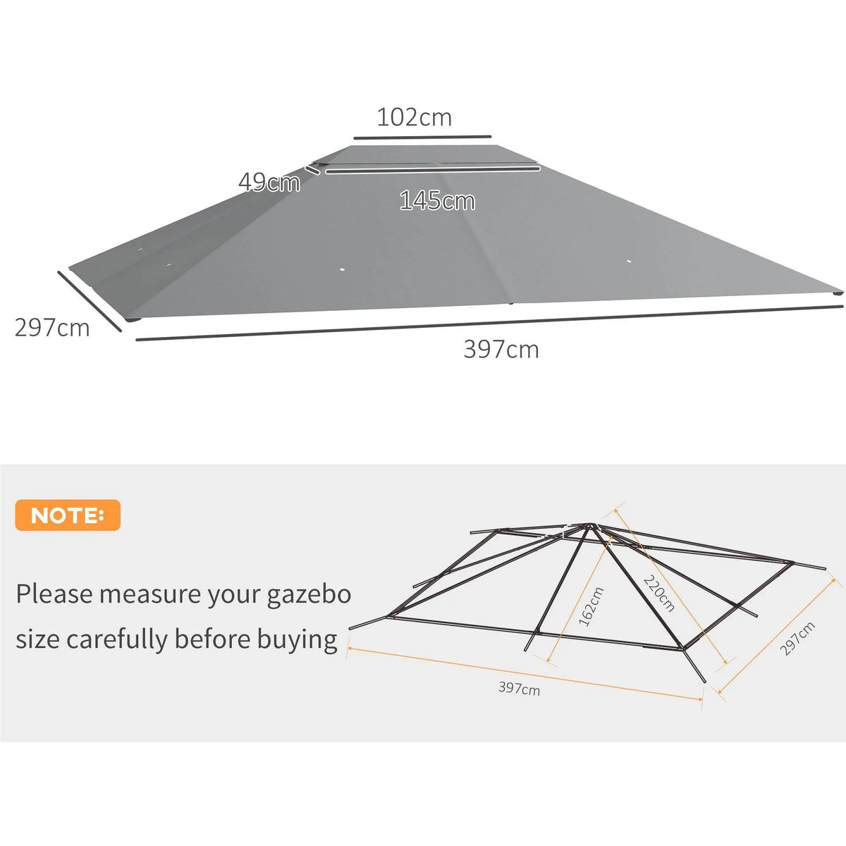 Light grey gazebo top cover replacement with labeled dimensions and center seam