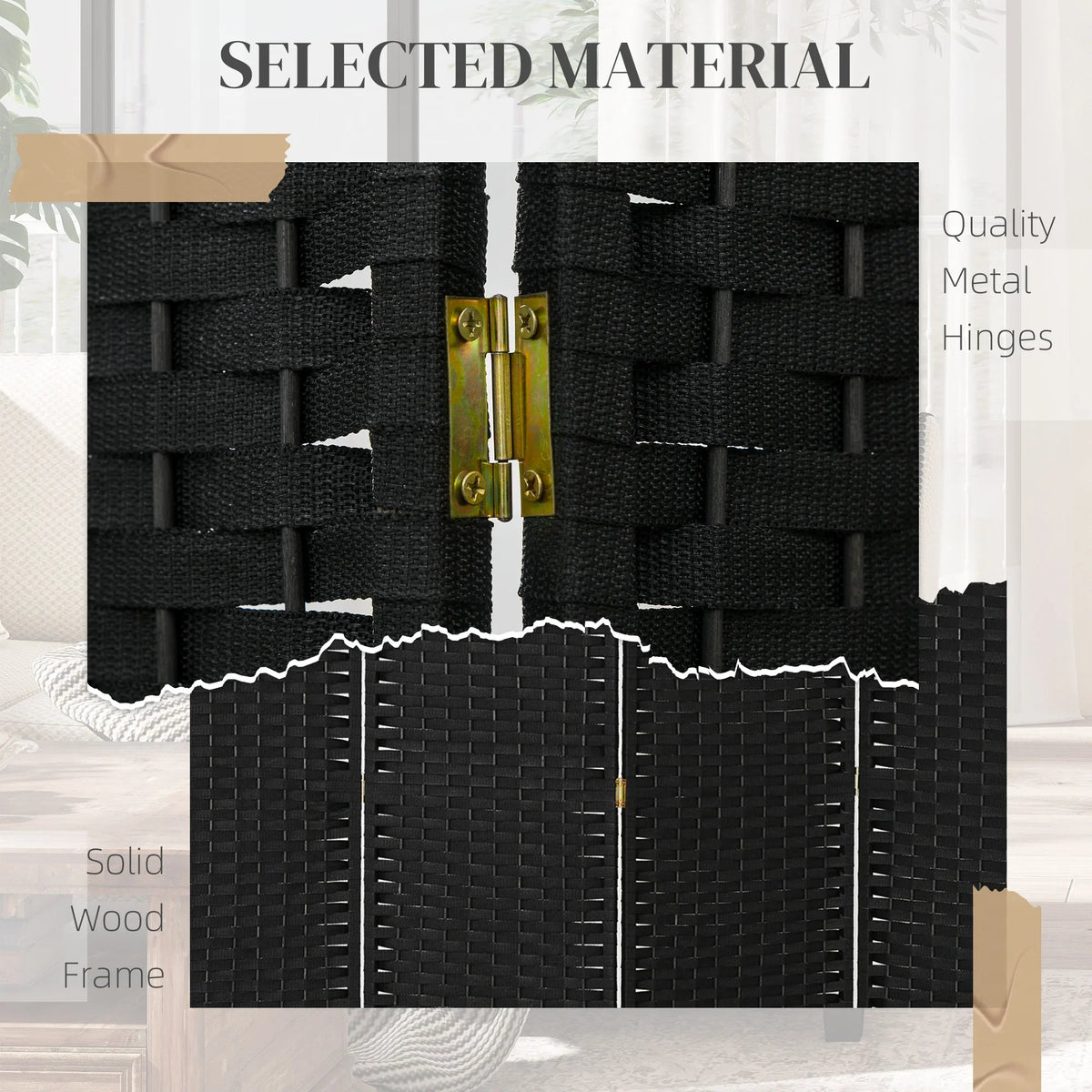 Black folding privacy screen with metal hinges and woven panel texture close-up.