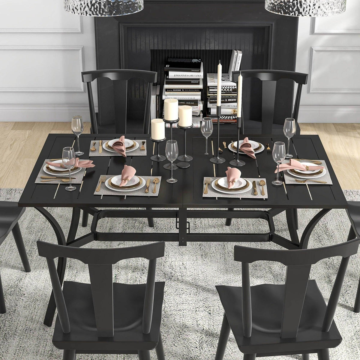 Black rectangular dining table with slat tabletop and central parasol hole