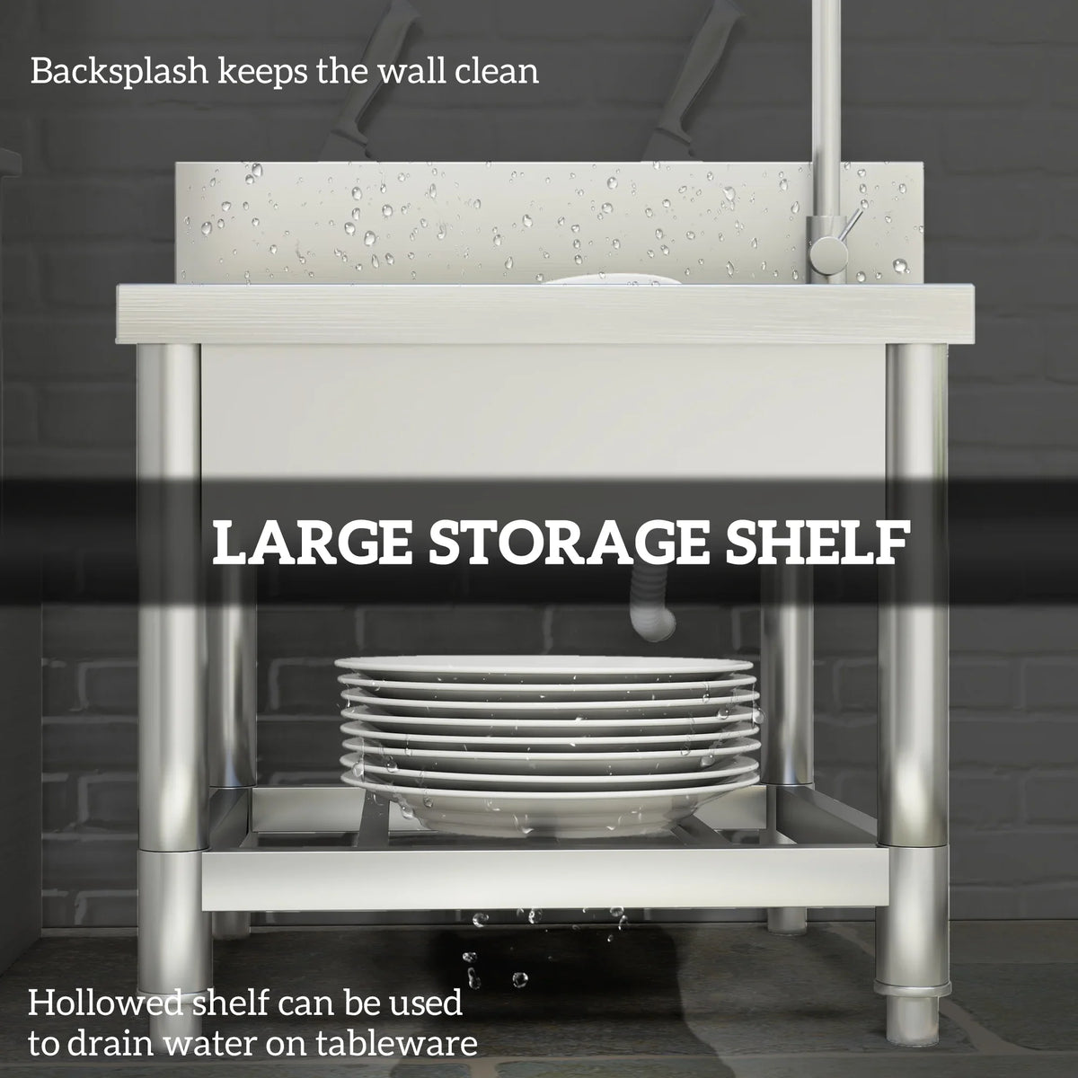 Outdoor stainless steel sink with backsplash and large under-storage shelf for plates
