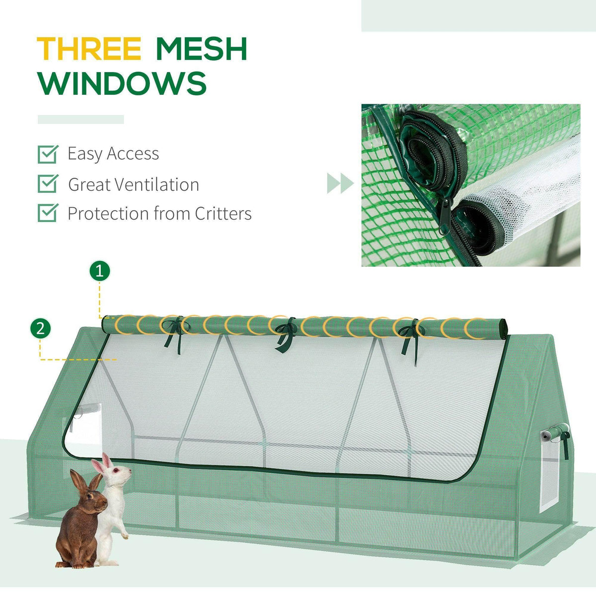 Green polytunnel with mesh sides and front opening, showing bundled top cover straps